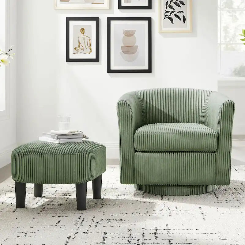 Fauteuil d'appoint pivotant à 360° en velours côtelé avec pouf – Cadre en bois d'hévéa