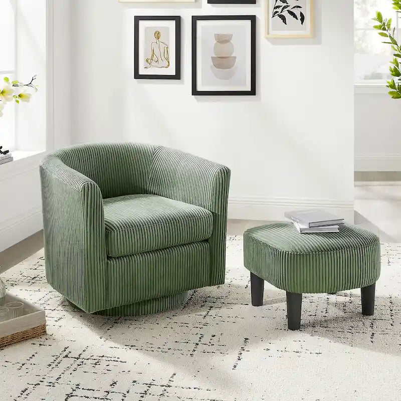 Fauteuil d'appoint pivotant à 360° en velours côtelé avec pouf – Cadre en bois d'hévéa