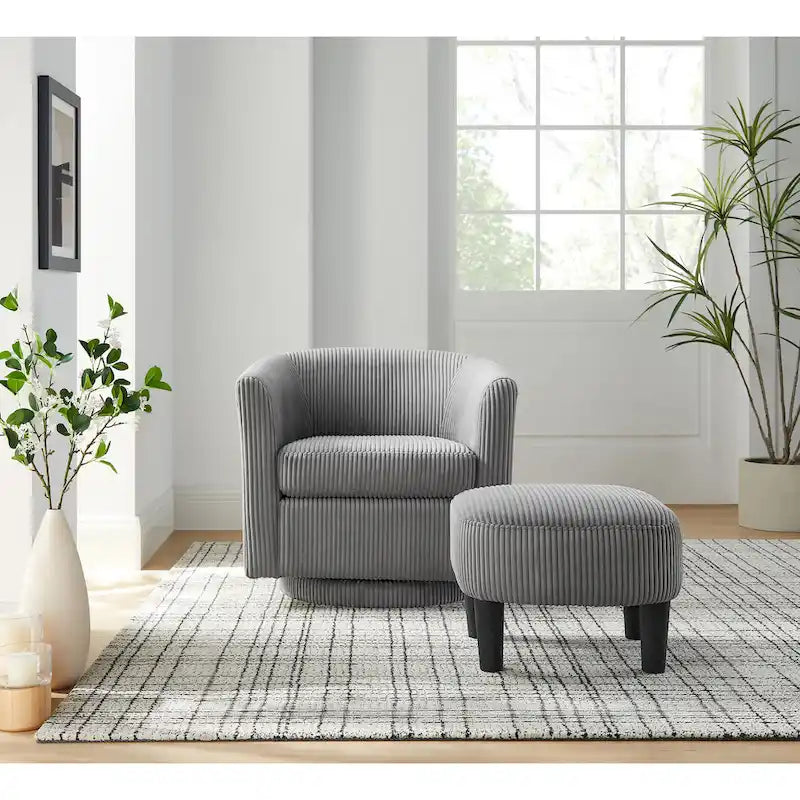 Fauteuil d'appoint pivotant à 360° en velours côtelé avec pouf – Cadre en bois d'hévéa