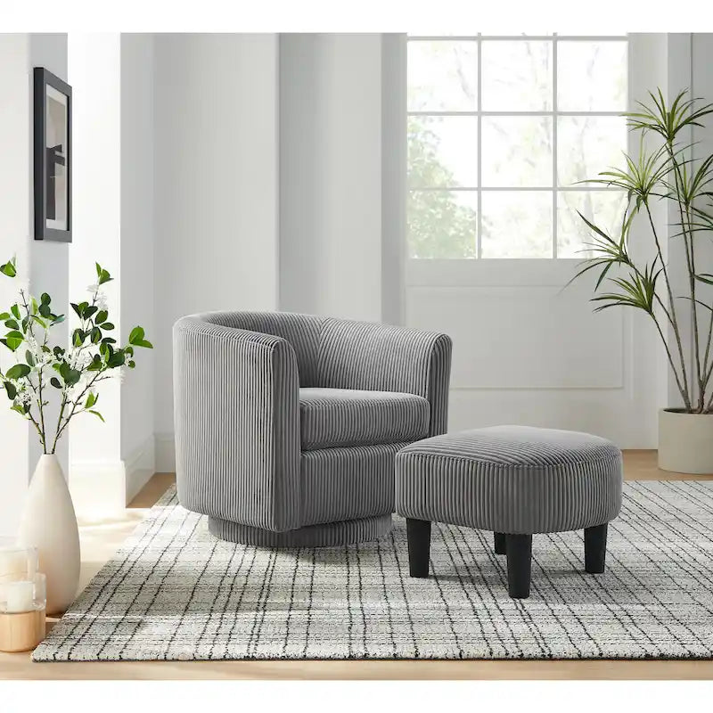 Fauteuil d'appoint pivotant à 360° en velours côtelé avec pouf – Cadre en bois d'hévéa