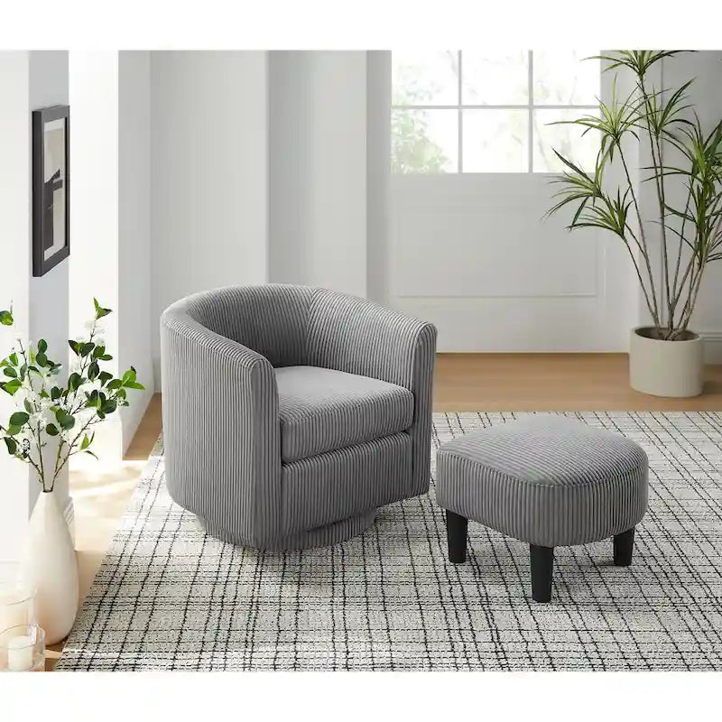 Fauteuil d'appoint pivotant à 360° en velours côtelé avec pouf – Cadre en bois d'hévéa