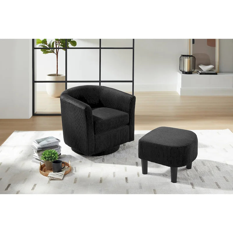 Fauteuil d'appoint pivotant à 360° en velours côtelé avec pouf – Cadre en bois d'hévéa