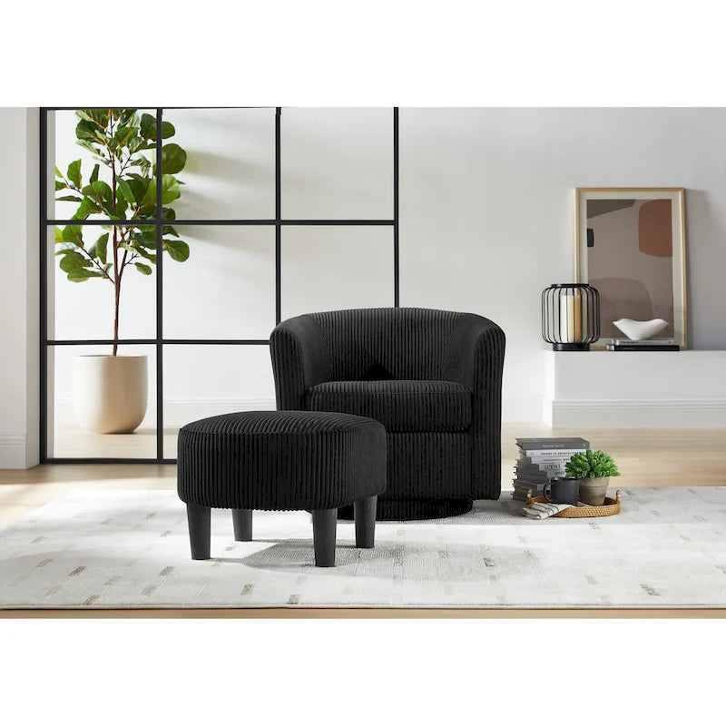 Fauteuil d'appoint pivotant à 360° en velours côtelé avec pouf – Cadre en bois d'hévéa