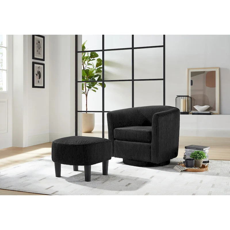 Fauteuil d'appoint pivotant à 360° en velours côtelé avec pouf – Cadre en bois d'hévéa