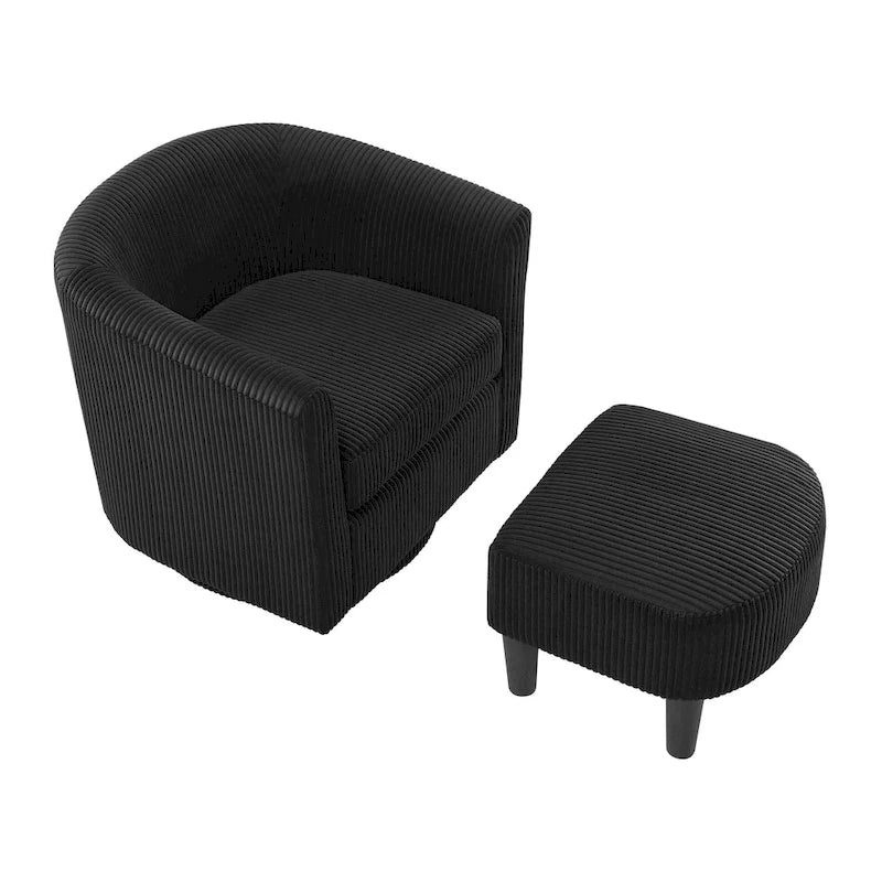 Fauteuil d'appoint pivotant à 360° en velours côtelé avec pouf – Cadre en bois d'hévéa