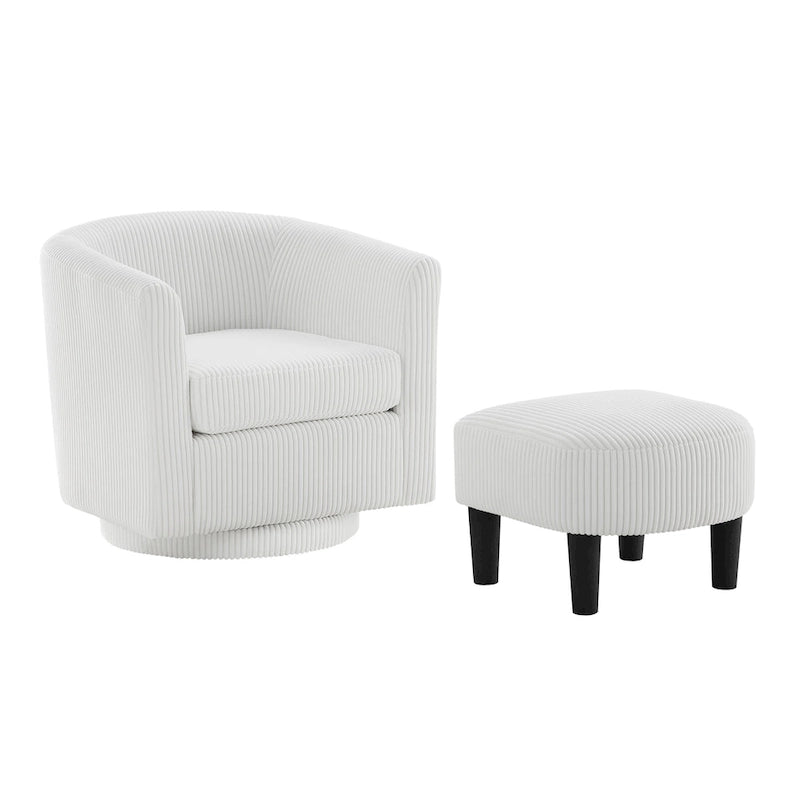 Fauteuil d'appoint pivotant à 360° en velours côtelé avec pouf – Cadre en bois d'hévéa