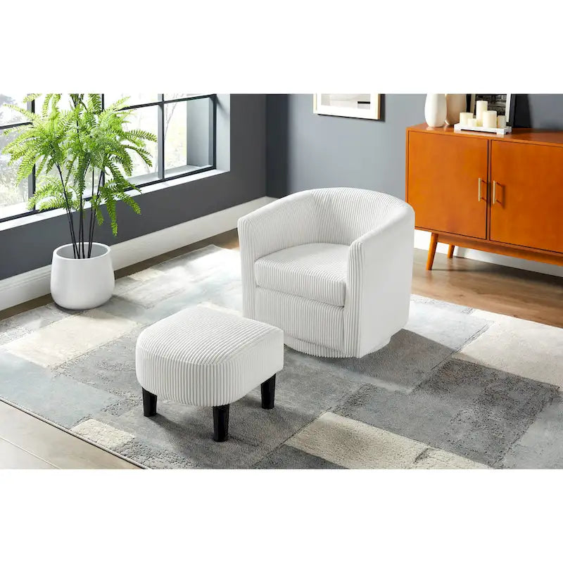 Fauteuil d'appoint pivotant à 360° en velours côtelé avec pouf – Cadre en bois d'hévéa