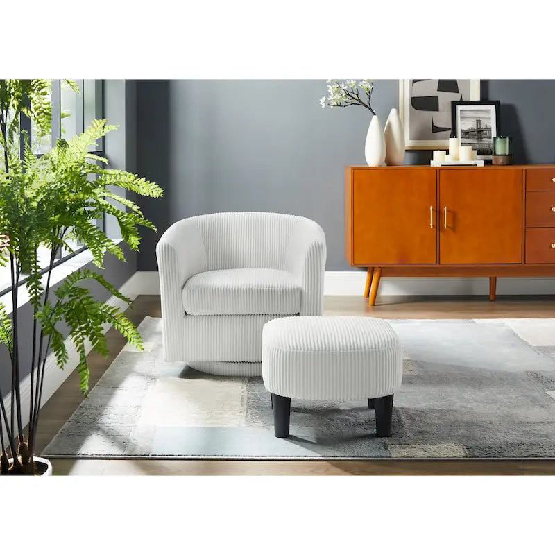 Fauteuil d'appoint pivotant à 360° en velours côtelé avec pouf – Cadre en bois d'hévéa