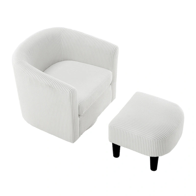 Fauteuil d'appoint pivotant à 360° en velours côtelé avec pouf – Cadre en bois d'hévéa