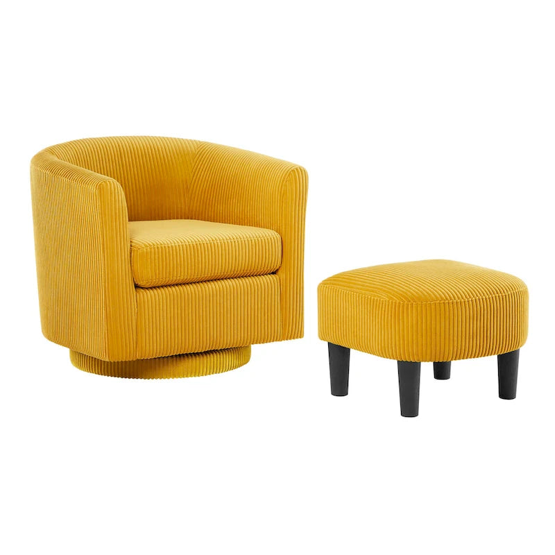 Fauteuil d'appoint pivotant à 360° en velours côtelé avec pouf – Cadre en bois d'hévéa