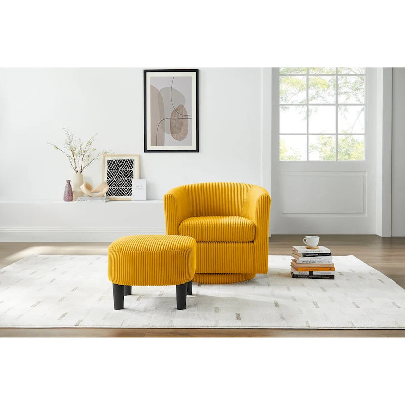 Fauteuil d'appoint pivotant à 360° en velours côtelé avec pouf – Cadre en bois d'hévéa