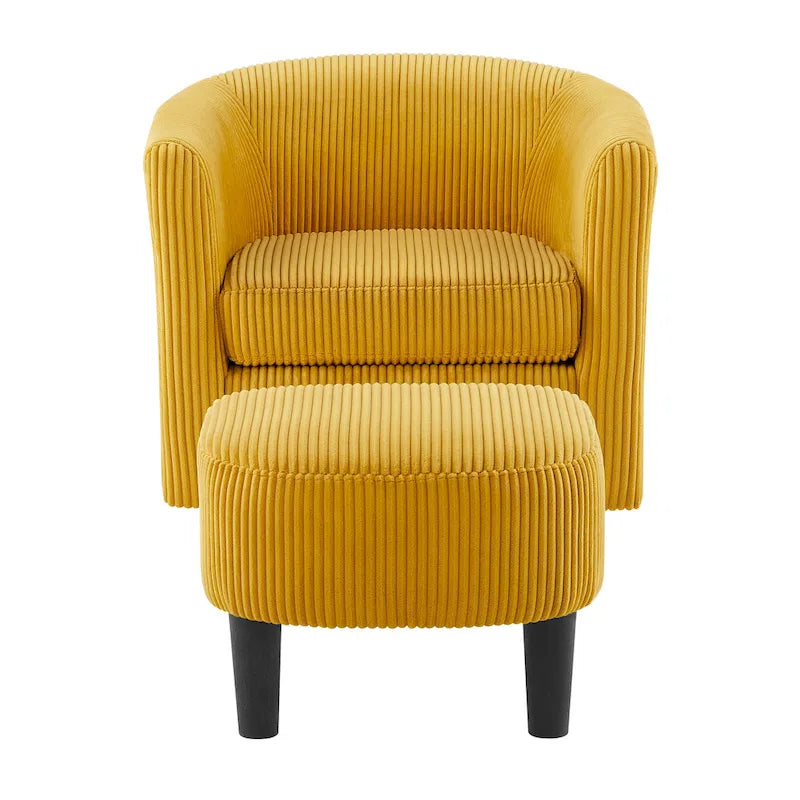Fauteuil d'appoint pivotant à 360° en velours côtelé avec pouf – Cadre en bois d'hévéa