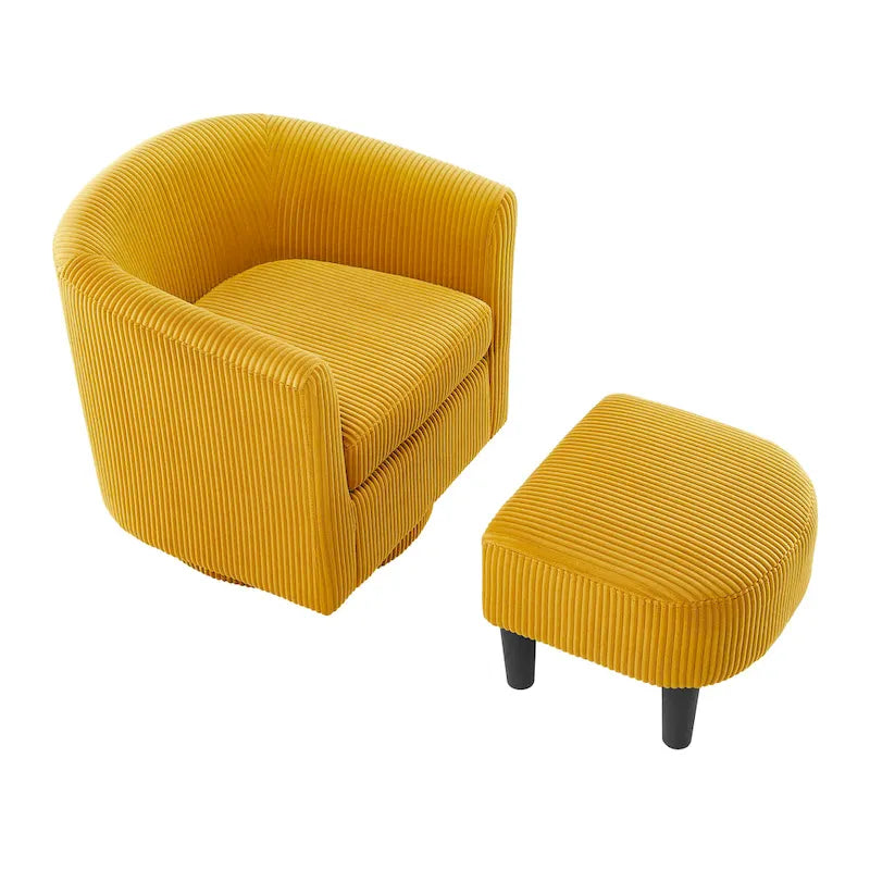 Fauteuil d'appoint pivotant à 360° en velours côtelé avec pouf – Cadre en bois d'hévéa