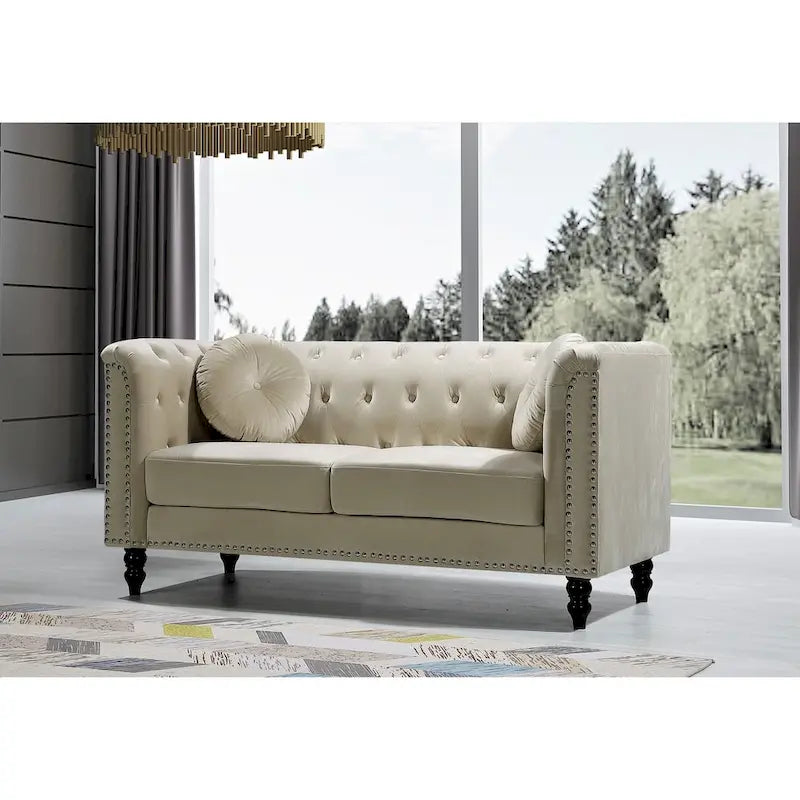 Causeuse classique en velours clouté avec mousse haute densité et cadre en bois