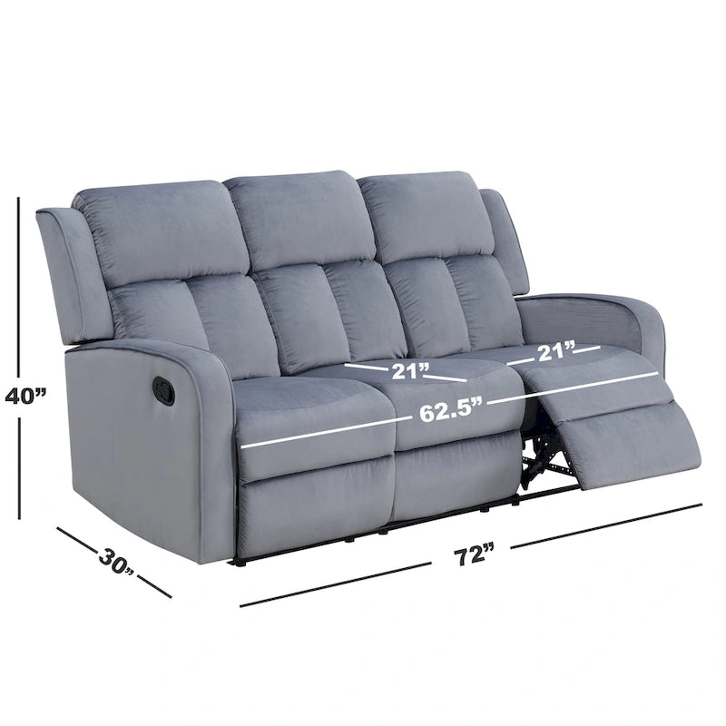 Canapé inclinable manuel en tissu bleu-gris – 72" de large, cadre en bois massif