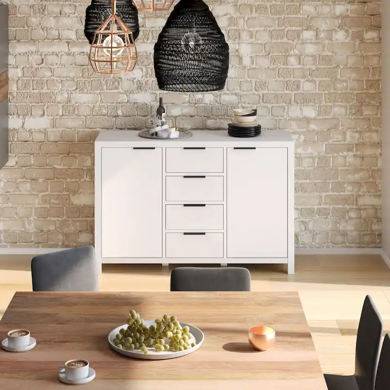 Buffet contemporain en bois massif 137 cm avec 4 tiroirs et 2 placards