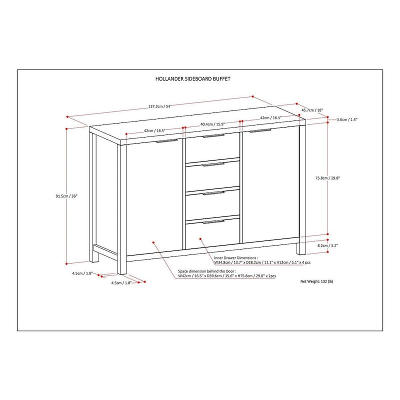 Buffet contemporain en bois massif 137 cm avec 4 tiroirs et 2 placards