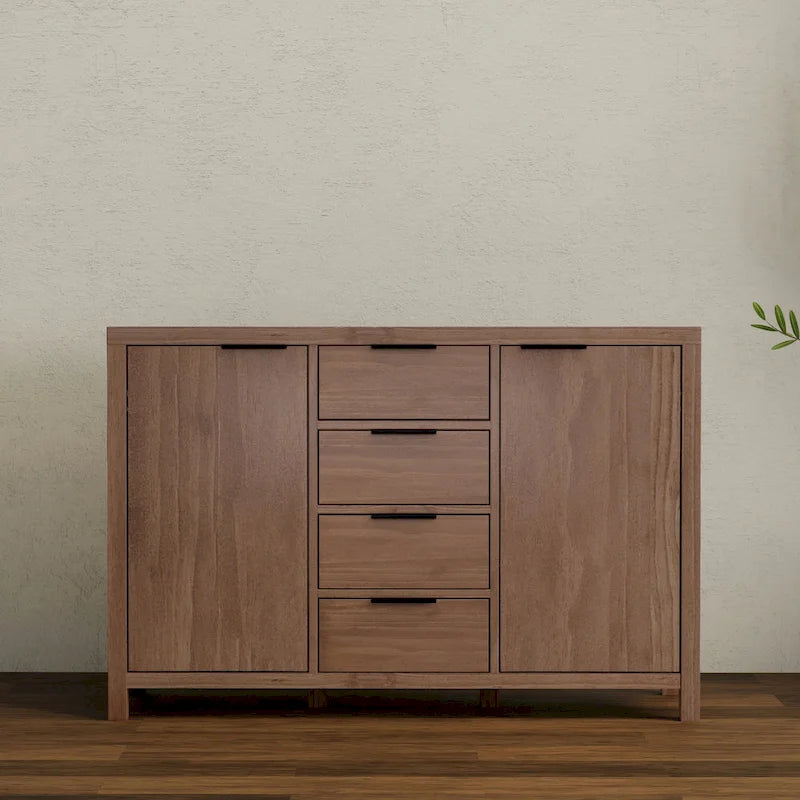 Buffet contemporain en bois massif 137 cm avec 4 tiroirs et 2 placards