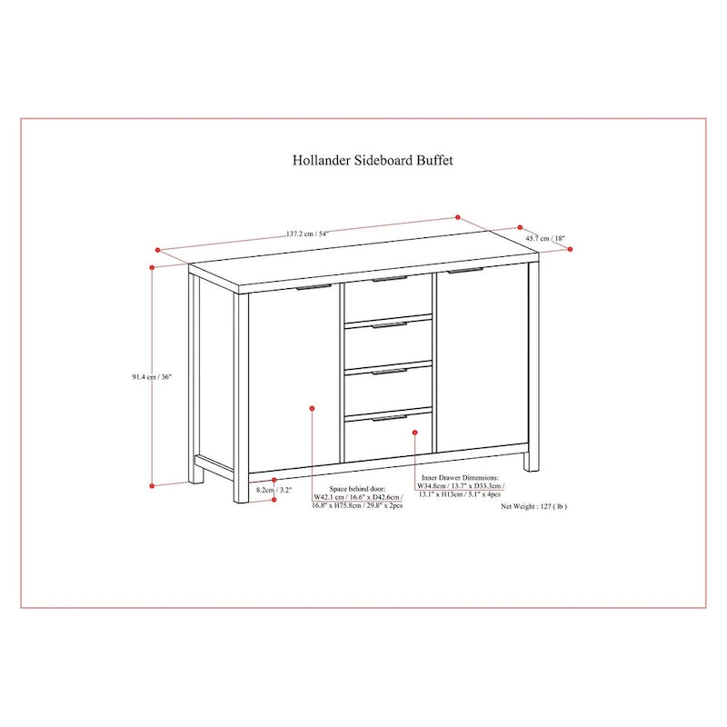Buffet contemporain en bois massif 137 cm avec 4 tiroirs et 2 placards