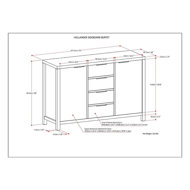 Buffet contemporain en bois massif 137 cm avec 4 tiroirs et 2 placards