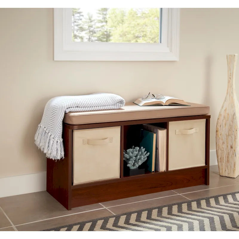 Banc de rangement 3 cubes avec coussin beige – Capacité de 90,7 kg