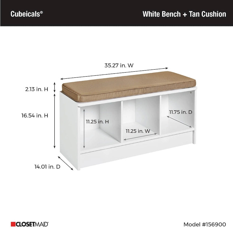 Banc de rangement 3 cubes avec coussin beige – Capacité de 90,7 kg