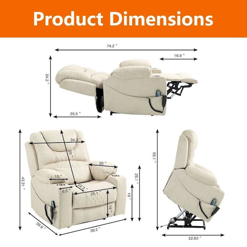 Fauteuil inclinable électrique grand format à plat 180° – Double moteur, massage et chauffage