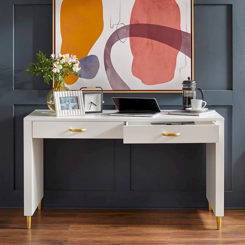 Bureau scandinave avec 2 tiroirs et pieds dorés – 135 cm de large