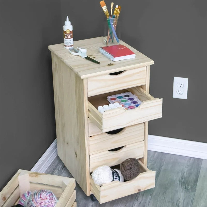 Adeptus Original Roll Cart, Solid Wood, 6 Drawer Roll Cart, Unfinished