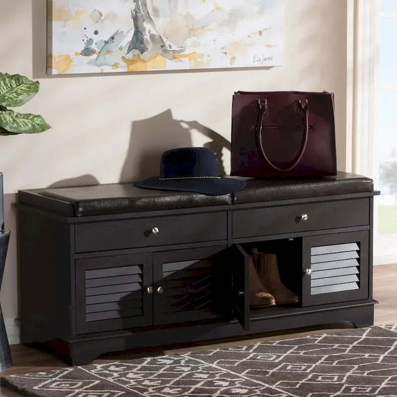 Banc de rangement pour chaussures marron foncé à 2 tiroirs avec siège rembourré