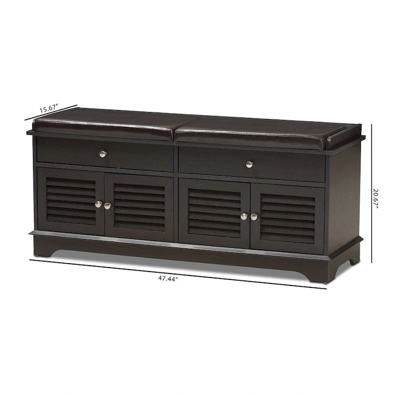 Banc de rangement pour chaussures marron foncé à 2 tiroirs avec siège rembourré