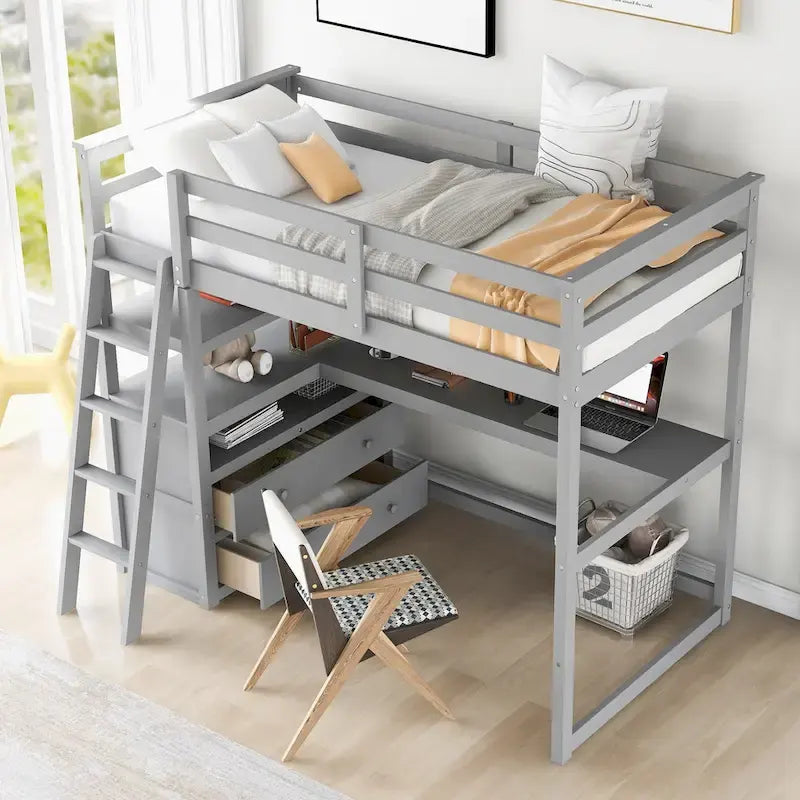 Lit mezzanine simple avec bureau et étagères, deux tiroirs intégrés