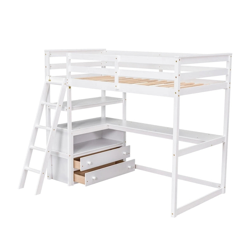 Lit mezzanine simple avec bureau et étagères, deux tiroirs intégrés
