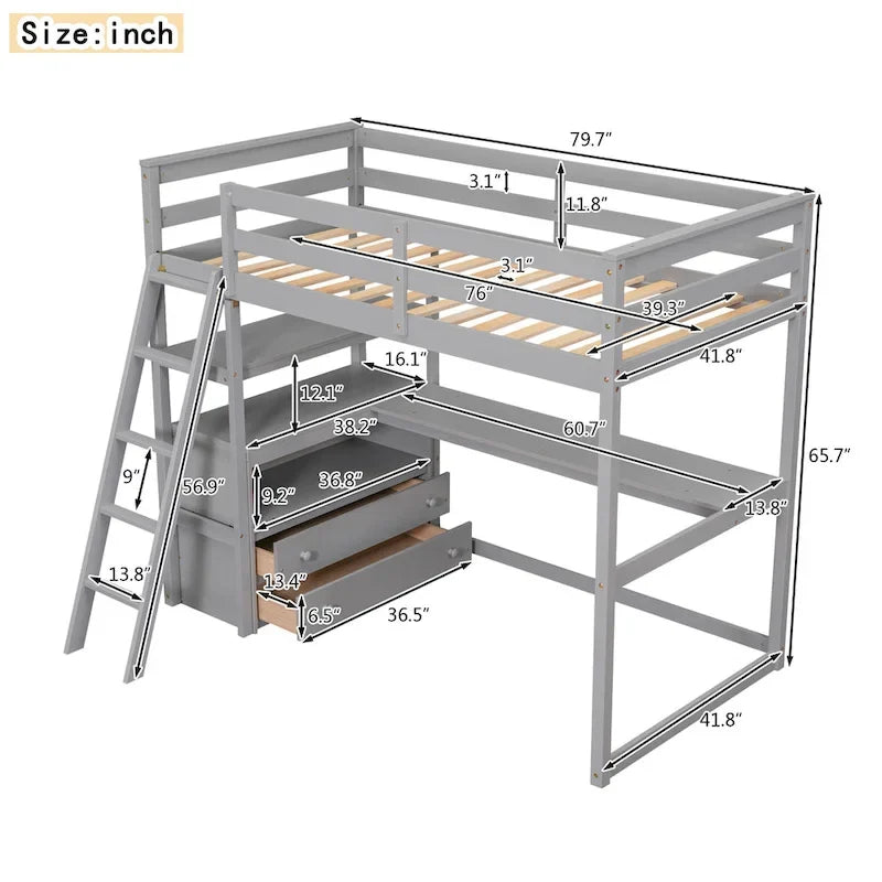 Lit mezzanine simple avec bureau et étagères, deux tiroirs intégrés