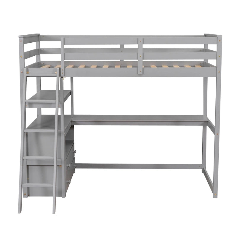 Lit mezzanine simple avec bureau et étagères, deux tiroirs intégrés