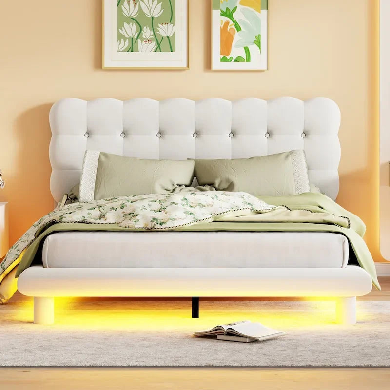 Lit plateforme double en velours avec cadre LED, tissu épais et doux et tête de lit capitonnée, beige