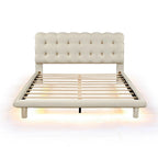 Lit plateforme double en velours avec cadre LED, tissu épais et doux et tête de lit capitonnée, beige