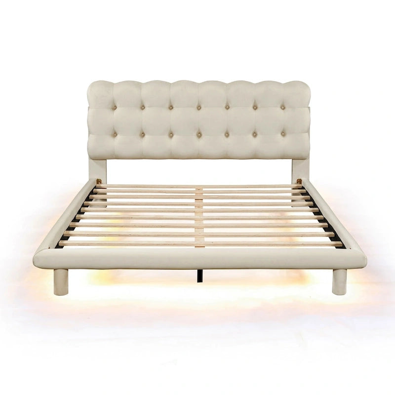 Lit plateforme double en velours avec cadre LED, tissu épais et doux et tête de lit capitonnée, beige
