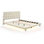 Lit plateforme double en velours avec cadre LED, tissu épais et doux et tête de lit capitonnée, beige