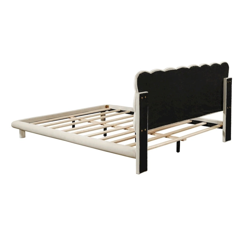 Lit plateforme double en velours avec cadre LED, tissu épais et doux et tête de lit capitonnée, beige