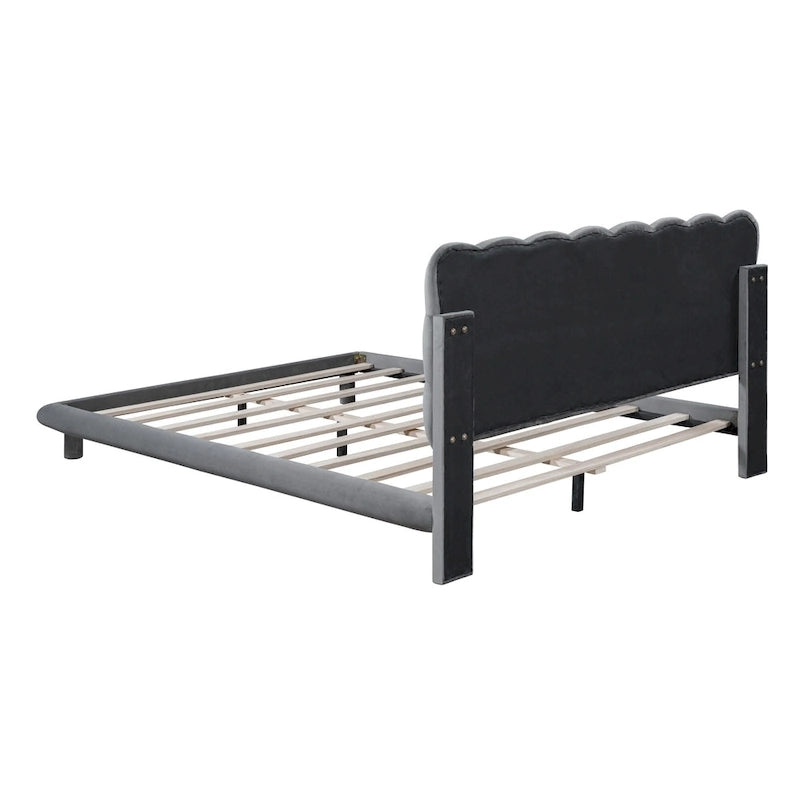 Lit plateforme double en velours avec cadre LED, tissu épais et doux et tête de lit capitonnée, beige