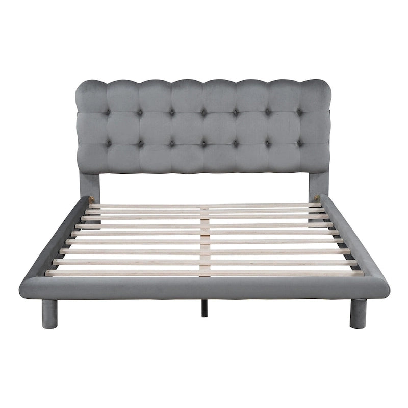 Lit plateforme double en velours avec cadre LED, tissu épais et doux et tête de lit capitonnée, beige