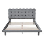Lit plateforme double en velours avec cadre LED, tissu épais et doux et tête de lit capitonnée, beige