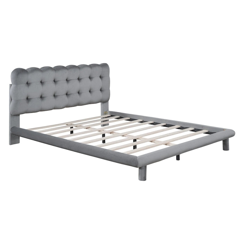 Lit plateforme double en velours avec cadre LED, tissu épais et doux et tête de lit capitonnée, beige