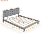 Lit plateforme double en velours avec cadre LED, tissu épais et doux et tête de lit capitonnée, beige
