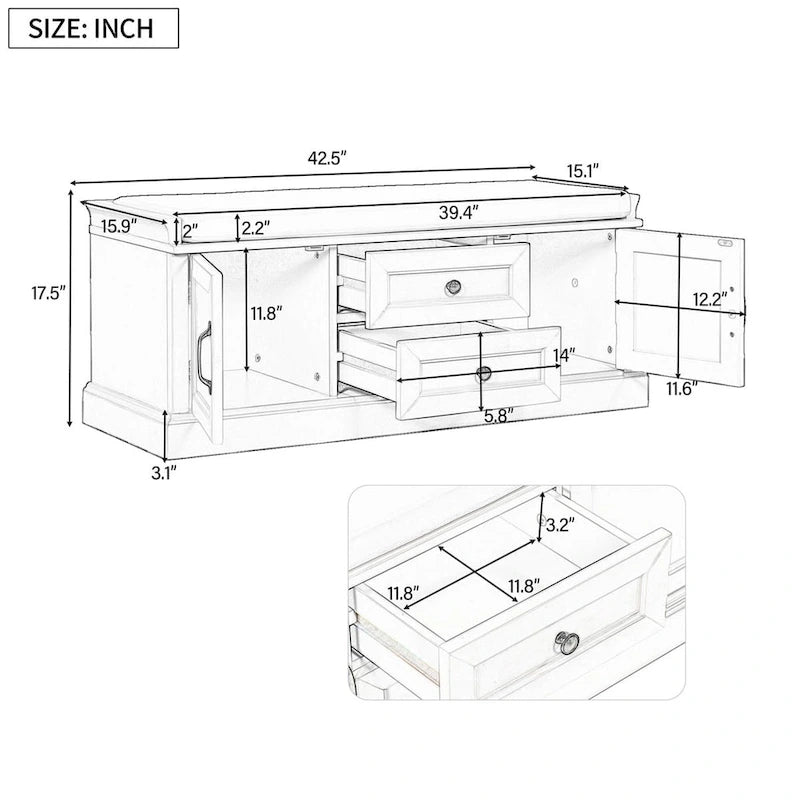 Banc de rangement d'entrée avec coussin en velours amovible – 90 kg