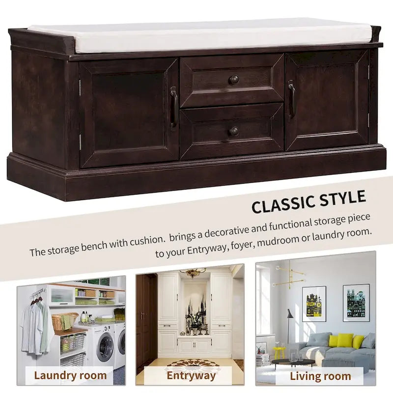 Banc de rangement d'entrée avec coussin en velours amovible – 90 kg