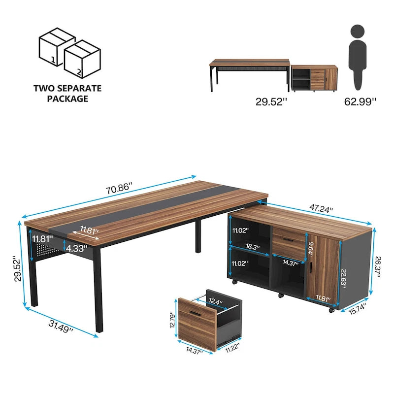 Bureau de direction de 180 cm avec classeur latéral de 120 cm pour bureau à domicile