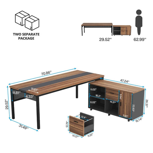 Bureau de direction de 180 cm avec classeur latéral de 120 cm pour bureau à domicile