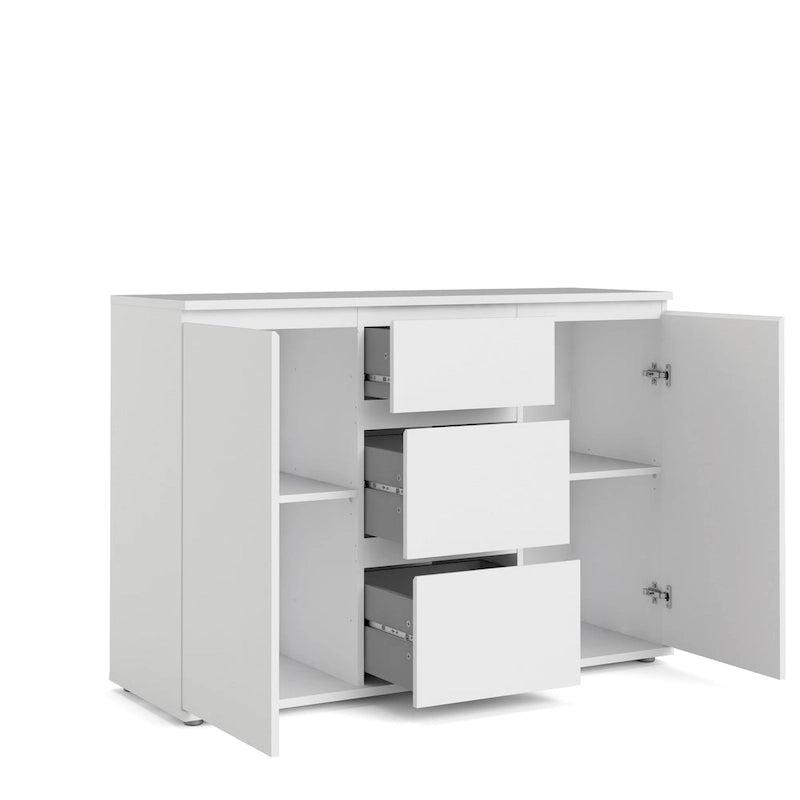 Bahut blanc moderne avec 2 portes, 3 tiroirs et étagères réglables